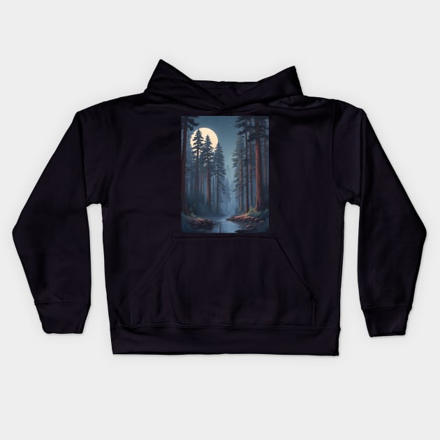 Moonlit Redwood Giants - For Nature Lovers Kids Hoodie by MagnaSomnia